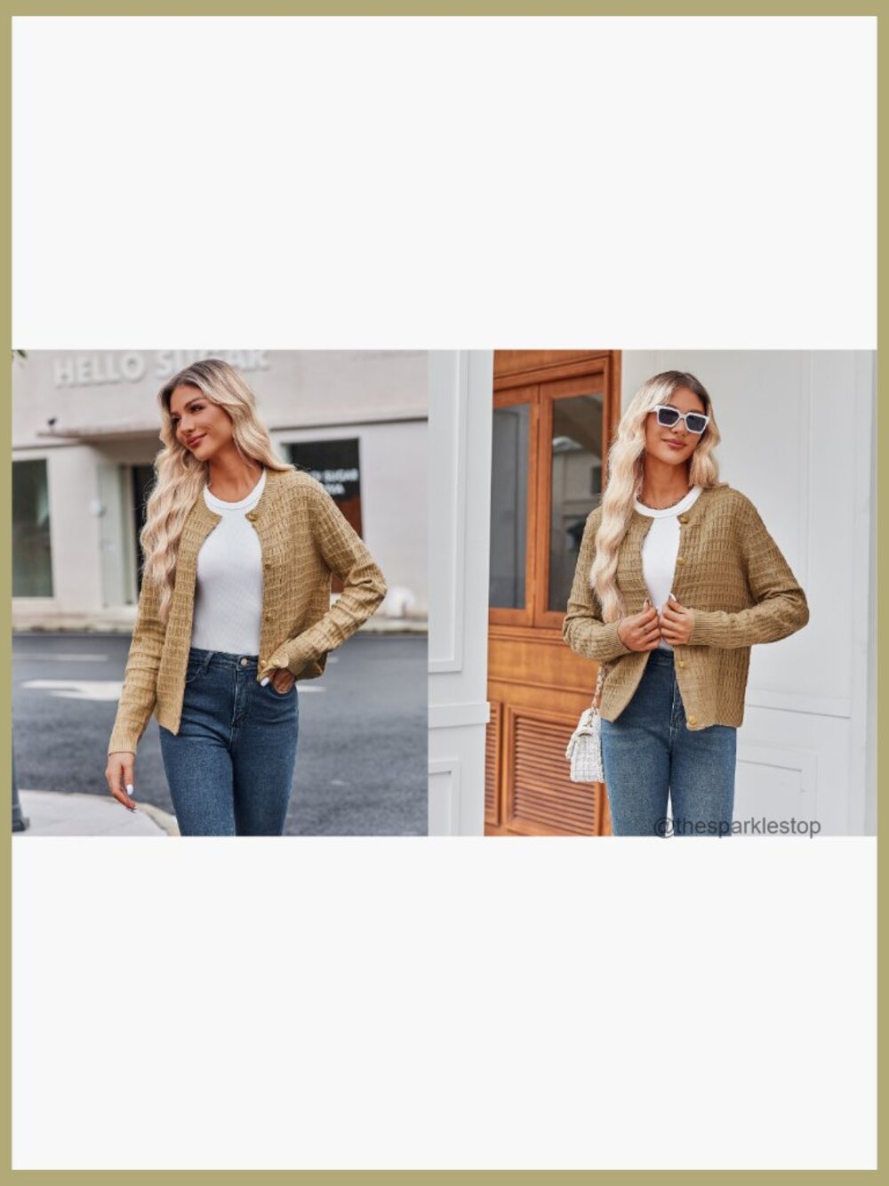 Button Down Crew Neck Open Front Long Sleeve Knit Cropped Cardigan Jacket - Picture 5 of 7